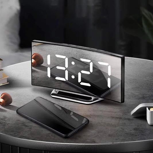 Alarm Clock Digital LED  with Modern Curved Design, USB power supply, Bedside Clock with Temperature and Humidity Display